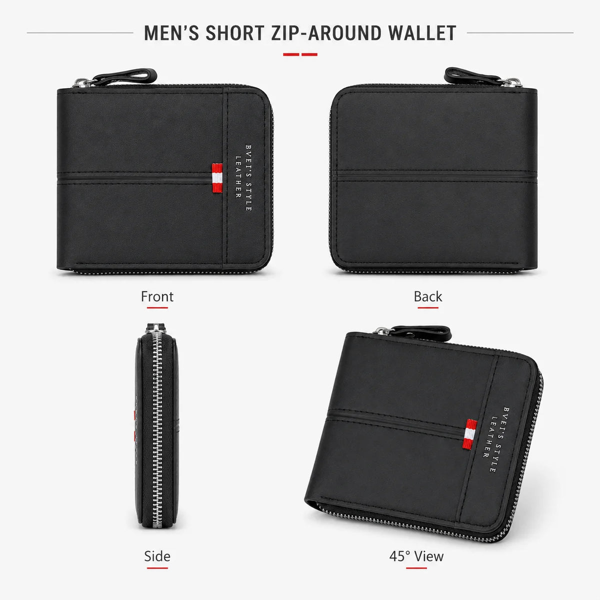 A black men's short zip-around wallet shown from the front, back, side, and 45 degree view.