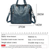 A dark blue PU leather women's backpack bag shown in various sizes and next to a tablet.