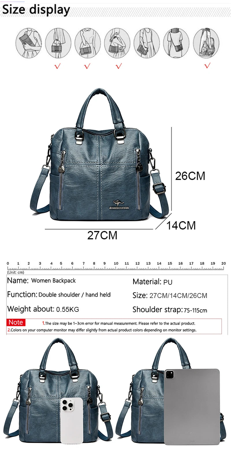 A dark blue PU leather women's backpack bag shown in various sizes and next to a tablet.