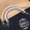 A gold and silver pearl chain shoulder strap is displayed on a wooden board with a close-up of the product.