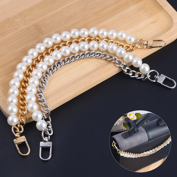 A gold and silver pearl chain shoulder strap is displayed on a wooden board with a close-up of the product.