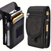 Black multi-functional phone pouch belt bag with multiple compartments and a protective mesh pocket