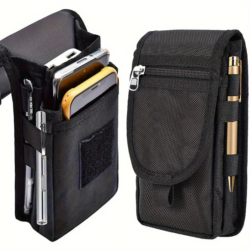 Black multi-functional phone pouch belt bag with multiple compartments and a protective mesh pocket