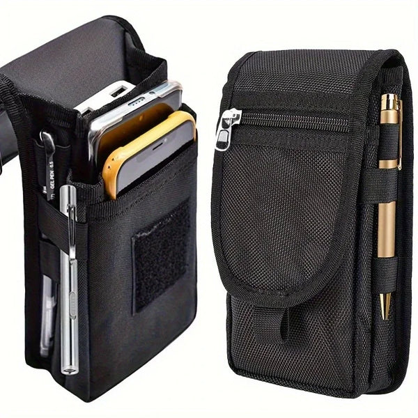 Black multi-functional phone pouch belt bag with multiple compartments and a protective mesh pocket