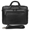 Black genuine leather briefcase with a handle and attached strap shown next to the bag.