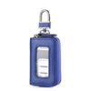 A dark blue leather car key case with a silver padlock and a transparent window.