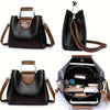 Sac bandoulière vintage noir en cuir avec plusieurs poches, montré sous plusieurs angles.