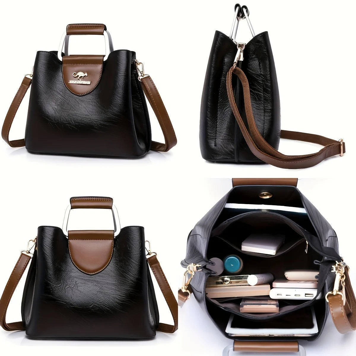 Sac bandoulière vintage noir en cuir avec plusieurs poches, montré sous plusieurs angles.
