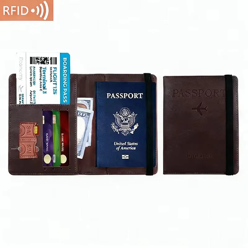 A brown PU leather passport holder with multiple slots for documents and RFID blocking protection.
