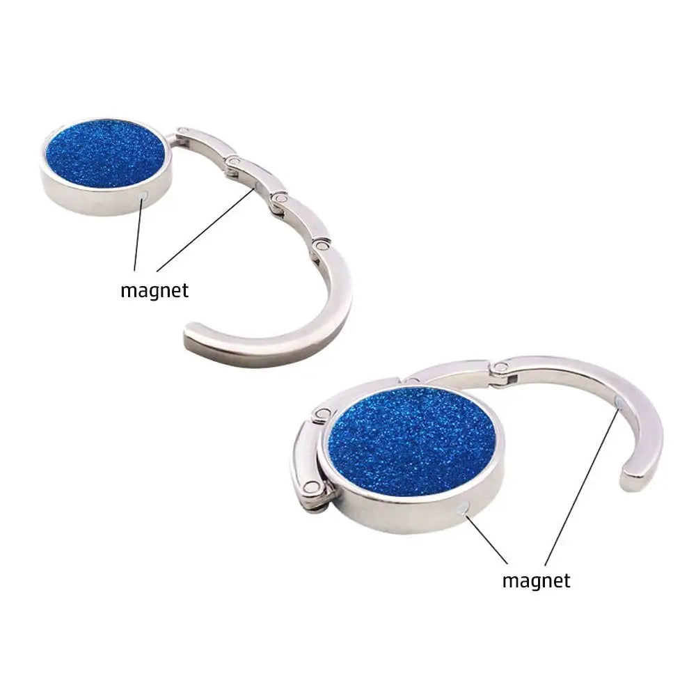 Silver metal desk hooks with blue glitter magnetic clasps for bags and garments