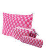 A pink and white checkered makeup bag set with a zipper closure.