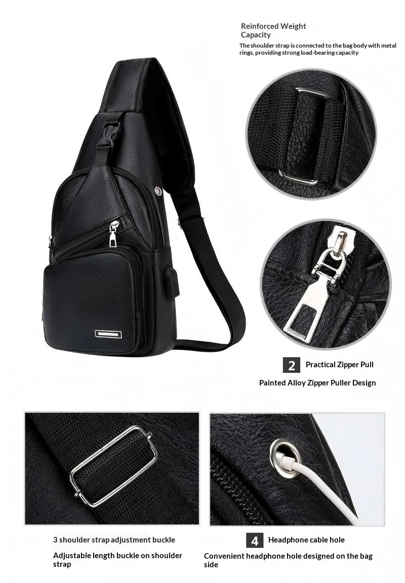 Sac bandoulière noir en PU multifonctionnel avec sangle et tirettes de fermeture éclair