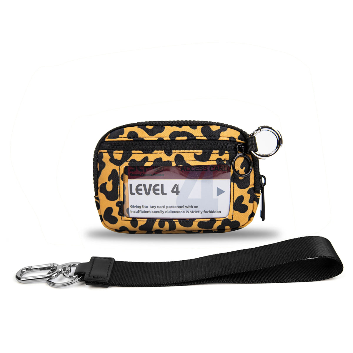A yellow and black leopard print wallet with an ID window and a black strap.