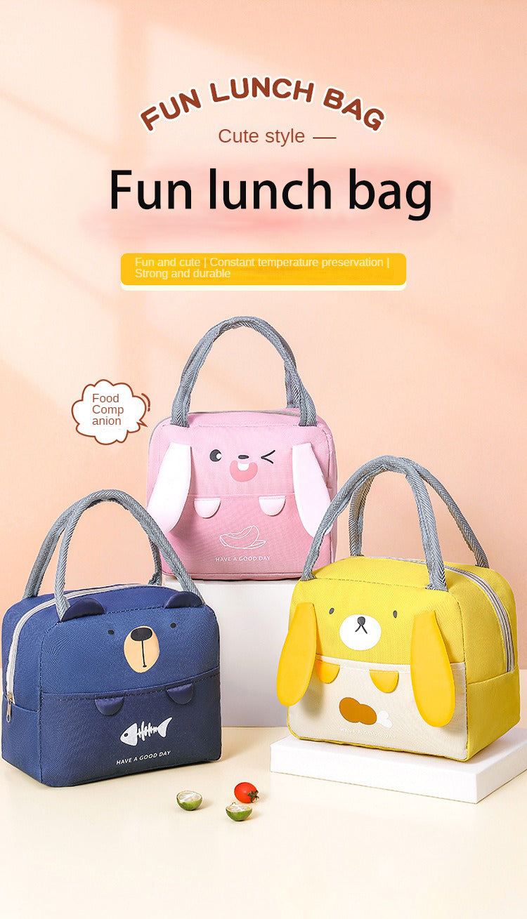 A pink and yellow insulated lunch bag with cute animal designs displayed on a light background.