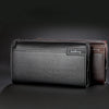 A dark brown leather business handbag clip wallet with a subtle texture and a black trim.