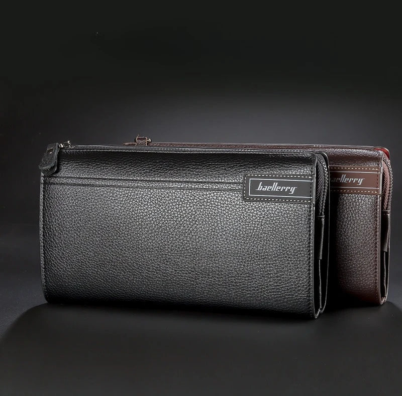 A dark brown leather business handbag clip wallet with a subtle texture and a black trim.
