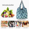 A reusable eco tote shopping bag with a geometric pattern, shown next to fresh produce and various shopping contexts.
