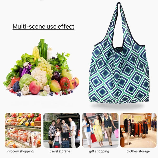 A reusable eco tote shopping bag with a geometric pattern, shown next to fresh produce and various shopping contexts.