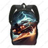 A black backpack featuring a dramatic image of a car with lightning effects and fiery background.
