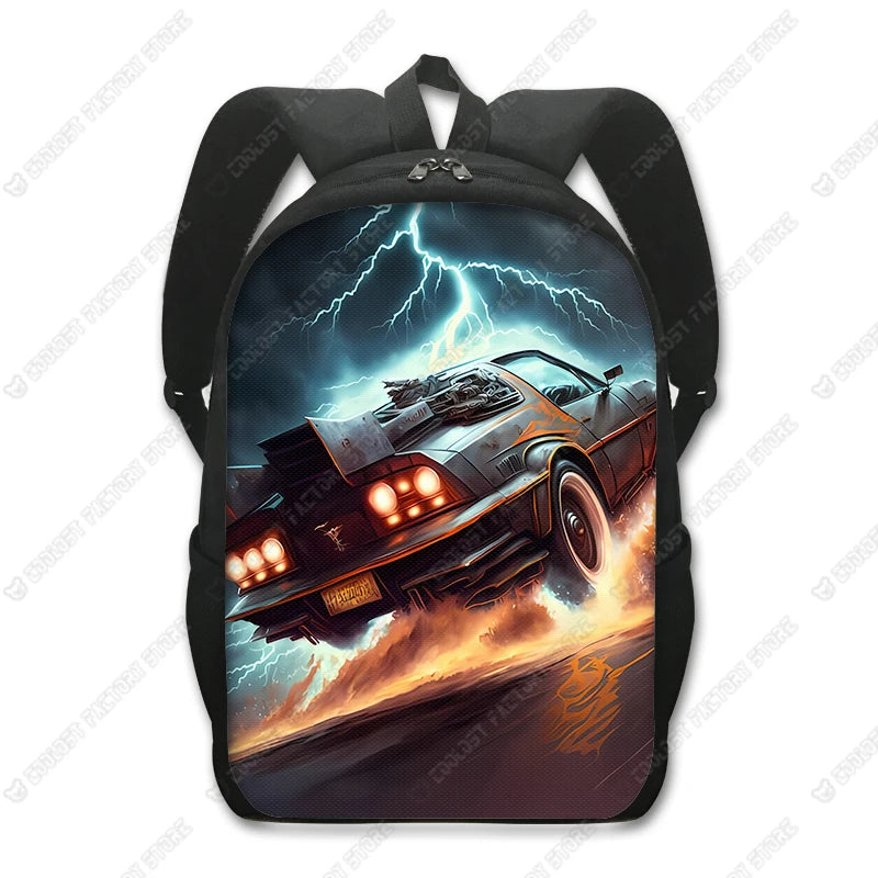 A black backpack featuring a dramatic image of a car with lightning effects and fiery background.