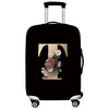 Black premium stretch luggage protective cover with a gold letter T and pink flowers
