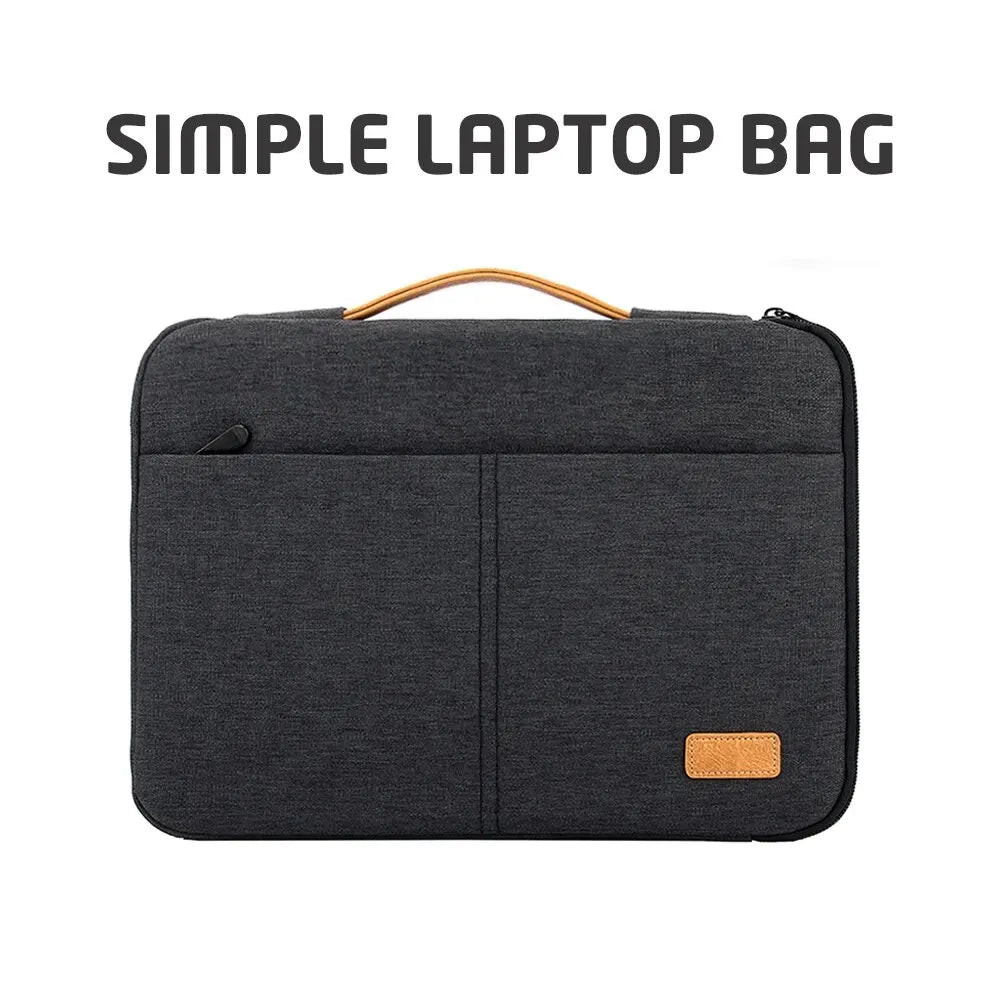 Sac ou étui d'ordinateur portable noir simple avec une touche beige, vue de dessus.