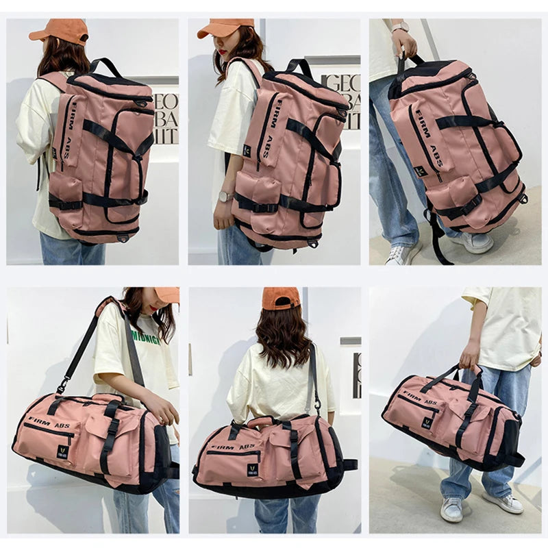 A large pink tactical backpack shown from various angles being worn by a woman.