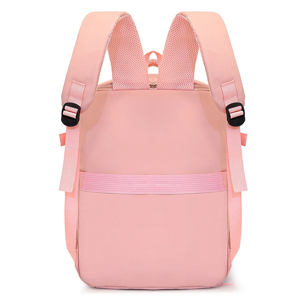 A pink travel boarding backpack with pink straps and black accents.