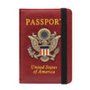 A red leather passport holder featuring a gold-colored United States eagle badge and text.