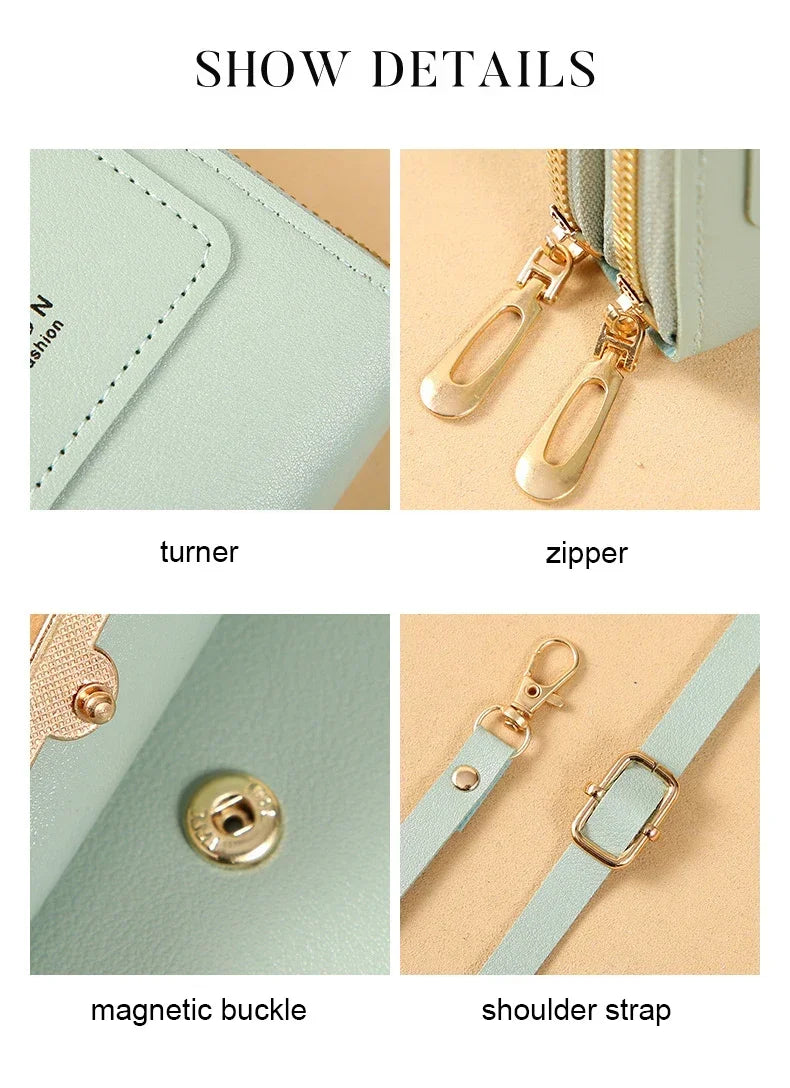 Show details of a women's touch screen crossbody shoulder bag showing the turner, zipper, magnetic buckle, and shoulder strap