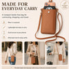 A brown mini PU leather crossbody phone bag shown being worn by a woman in various daily outfit contexts.