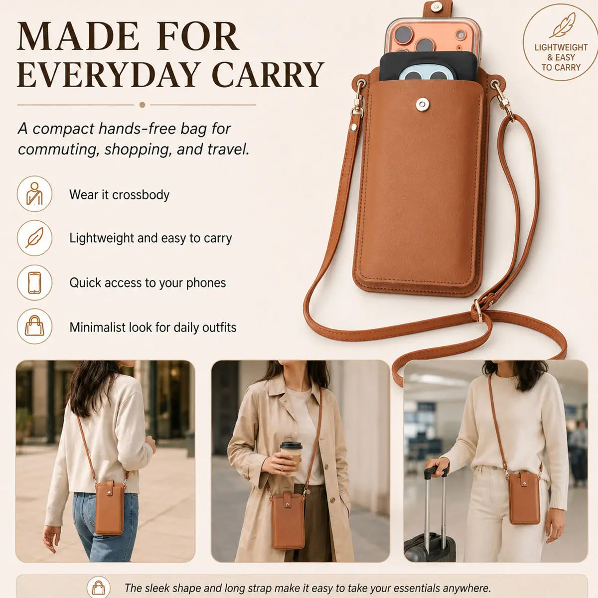 A brown mini PU leather crossbody phone bag shown being worn by a woman in various daily outfit contexts.
