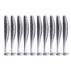 A row of twelve adjustable soft lure fishing tackle pieces with iridescent, glittery finishes.
