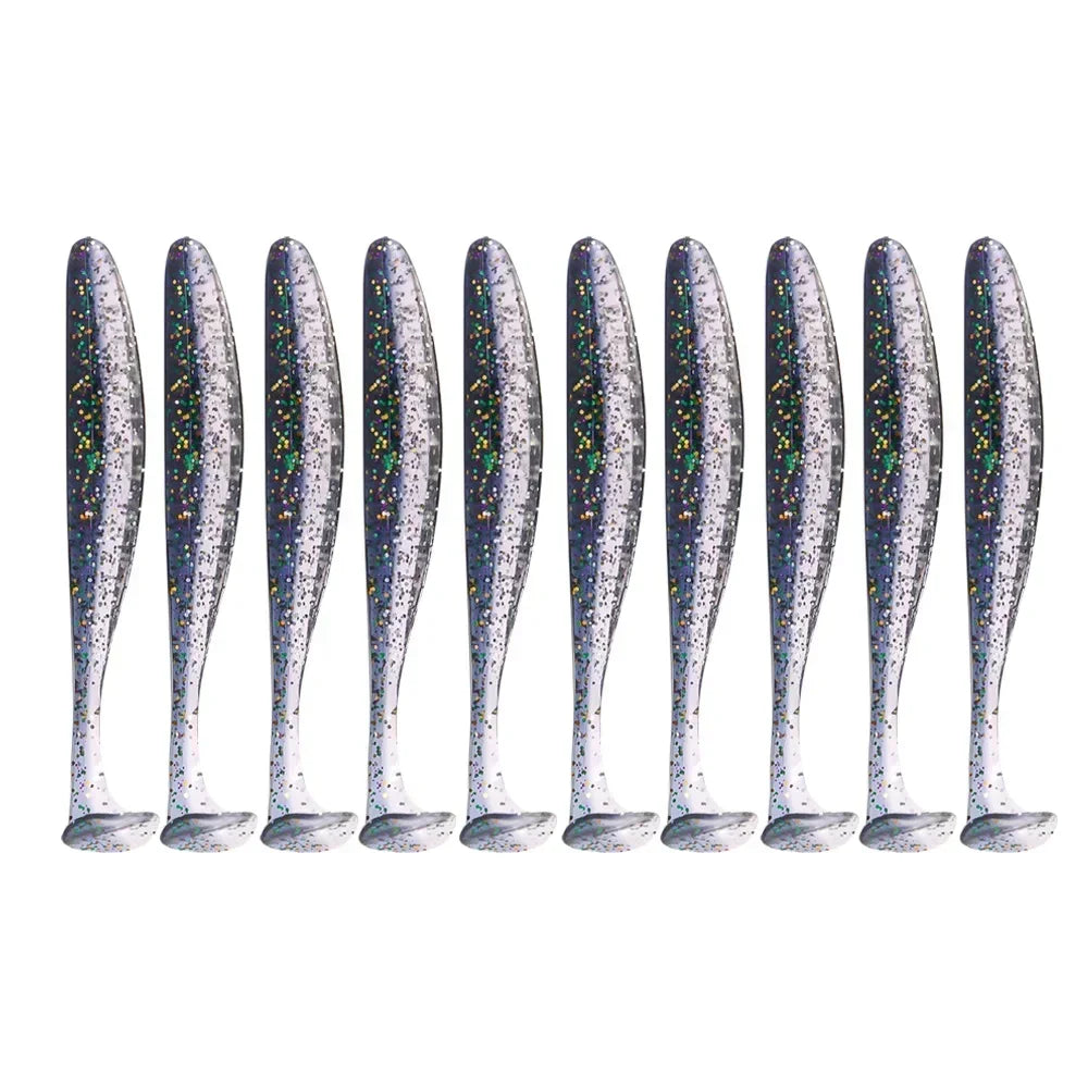 A row of twelve adjustable soft lure fishing tackle pieces with iridescent, glittery finishes.
