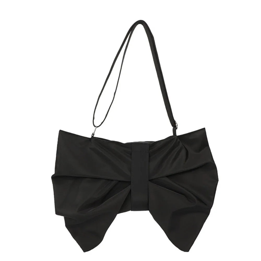 Black elegant pleated bow crossbody tote bag