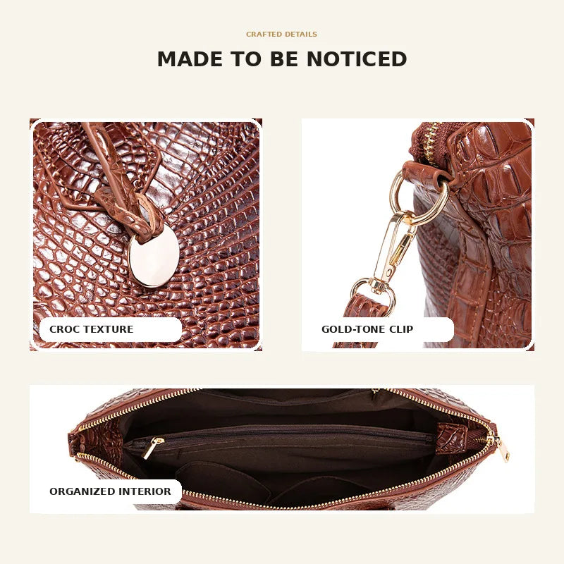 Nahaufnahme einer braunen Krokodilmuster-Top-Handtasche mit Crossbody-Gurt und goldfarbener Clipsverzierung.