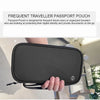 A black passport pouch is shown being held by a hand, demonstrating its design for protecting digital identity and private do