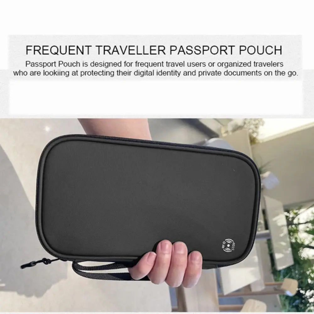 A black passport pouch is shown being held by a hand, demonstrating its design for protecting digital identity and private do