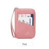 A pink RFID-blocking passport wallet with a zipper closure, showing several passports inside.