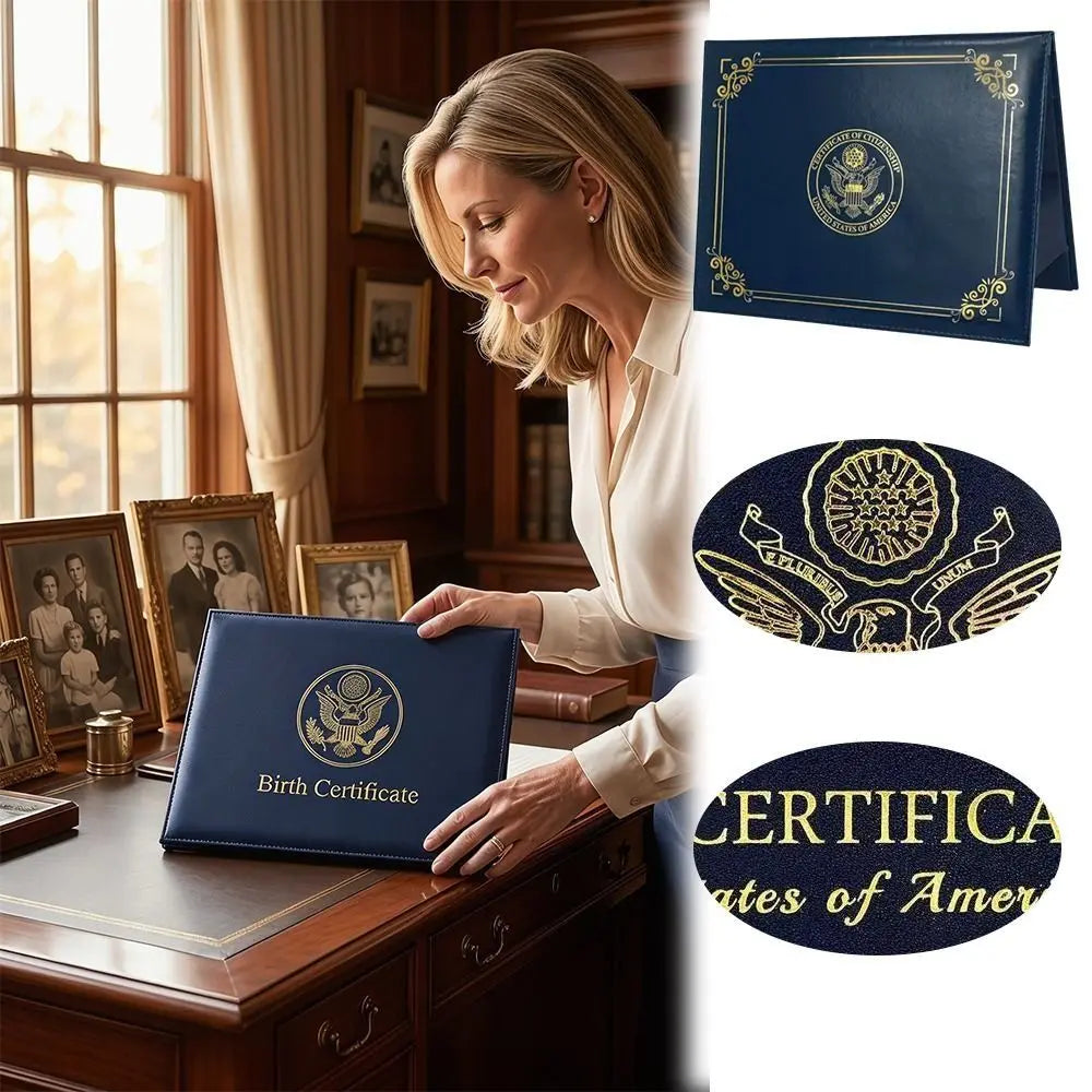 A woman holds an elegant dark blue birth certificate holder with a gold seal and a certificate of states of America.