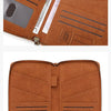 A brown leather multi-functional RFID blocking passport and document holder shown open and closed.