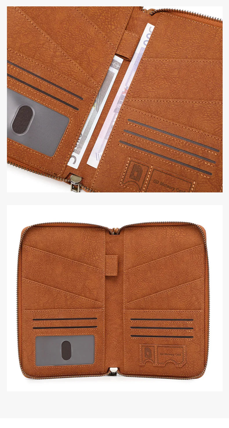 A brown leather multi-functional RFID blocking passport and document holder shown open and closed.