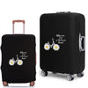 A black rolling suitcase with a dust cover featuring a white daisy design on the side.