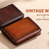 A brown leather wallet is shown in two views, highlighting its multi-function and quality leather features.