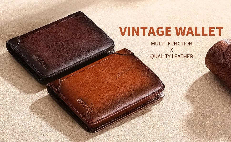 A brown leather wallet is shown in two views, highlighting its multi-function and quality leather features.