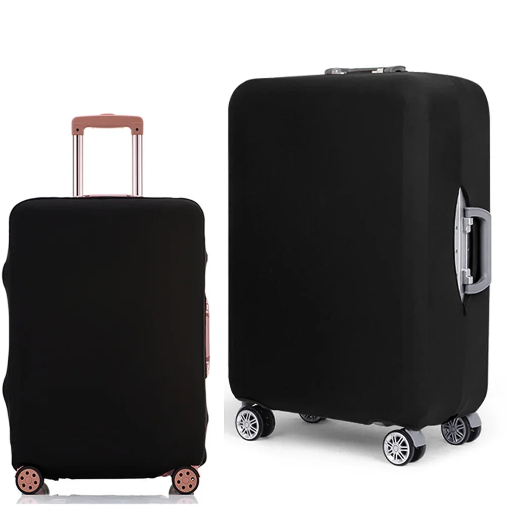 A black rolling suitcase with a protective dust cover and a pink handle.