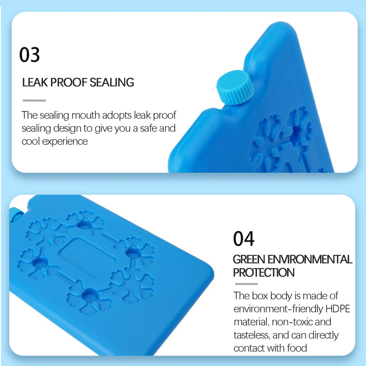 A blue reusable ice pack showing leak proof sealing and green environmental protection features.