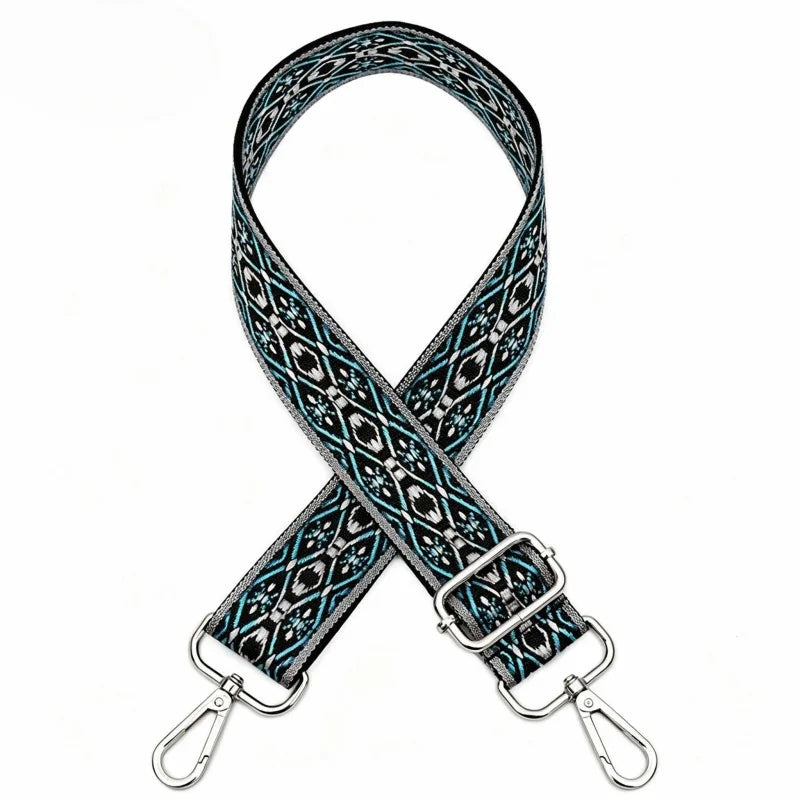 Black and teal patterned nylon adjustable shoulder strap for bags and purses