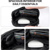 A black multi-functional zipper wallet is shown open, displaying several credit cards and a white item inside.