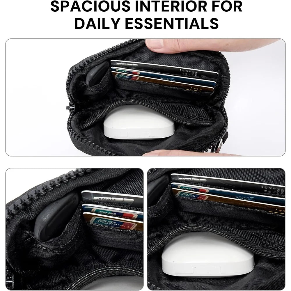 A black multi-functional zipper wallet is shown open, displaying several credit cards and a white item inside.